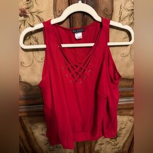 VENUS Red Lace-Up Front Cold Shoulder Top